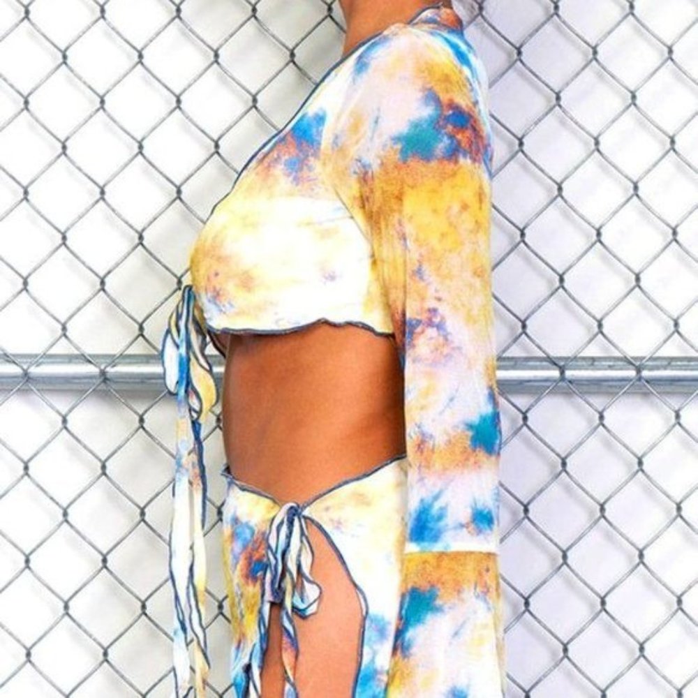 Stasia Sexy Boho: Plunging Tie Dye Front Tied Mesh Halter & Side Tied Skirt Set - Picture 10 of 13